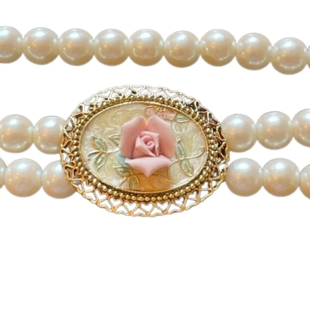 Vintage Double Strand Faux Pearl Necklace Pink Rose Cameo Style Clasp 30